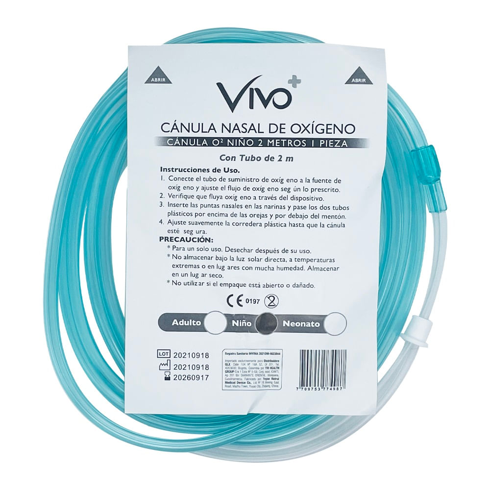 Canula Nasal De Oxigeno Vivo+ Pediátrica De 2Mts