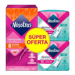 Oferta Tampones Nosotras Con Aplicador Supero X 8 Und + Protectores Largos 10 Und