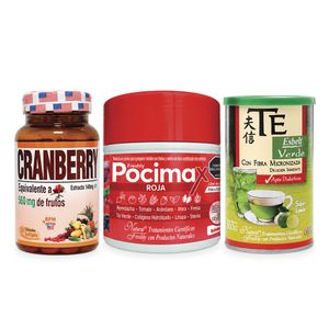 Combo Cranberry 560 mg + Pocimax Rojo con Stevia 200 g + Té Esbelteres Verde con Fibra